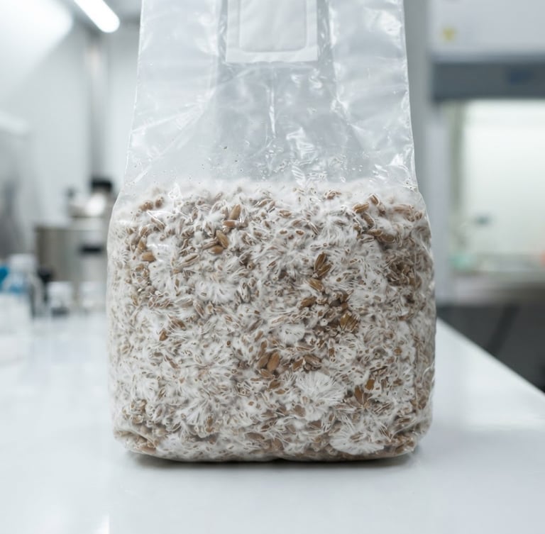 Clinical laboratory photography, bright sterile white lighting, crisp macro focus on a pristine white grain spawn bag with vigorous white mycelium growth, 35mm