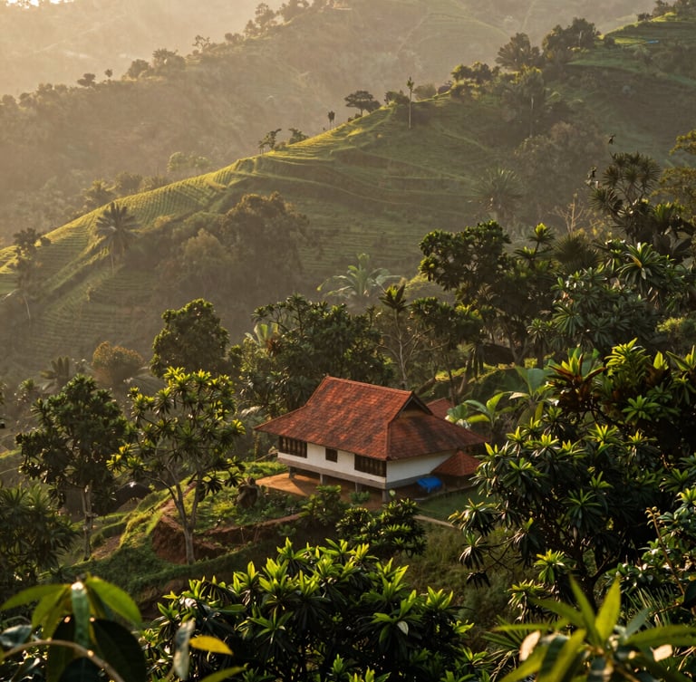 Wide shot of the misty, green Kalanki hills at golden hour, a small traditional Kerala farm house nestled among spice trees, sun filtering through the leaves, 35mm