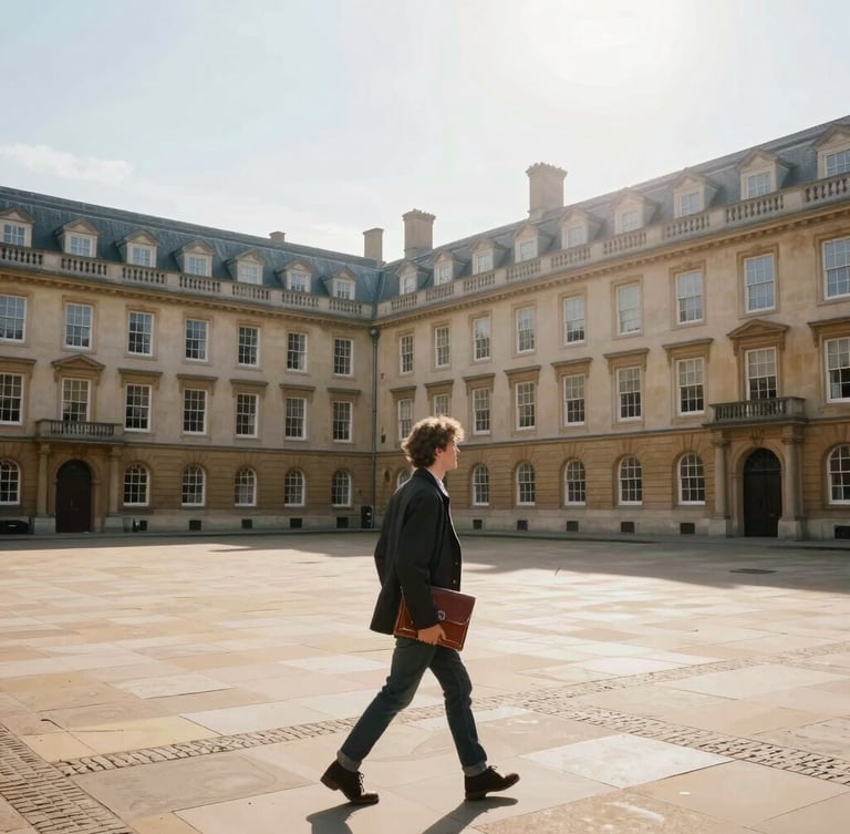 A wide, bright environmental shot of a historic European university campus courtyard in daylight, a student walking with a leather document folder, clean architecture, soft sun flare, no text.