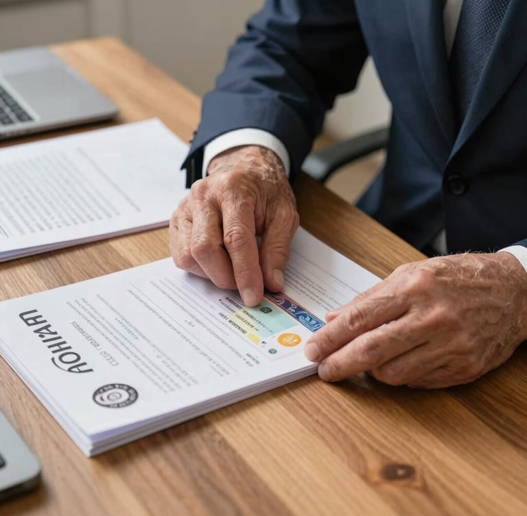 A close-up photograph of a senior immigration advisor in a dark navy suit carefully organizing official visa documents on a wooden desk, bright natural daylight.