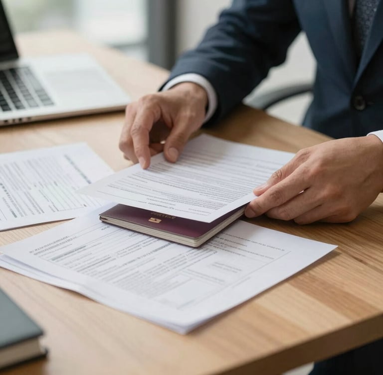 A close-up of hands in a bright, daylight-filled office organizing official visa application documents, passports, and certified translation papers on a clean wooden desk