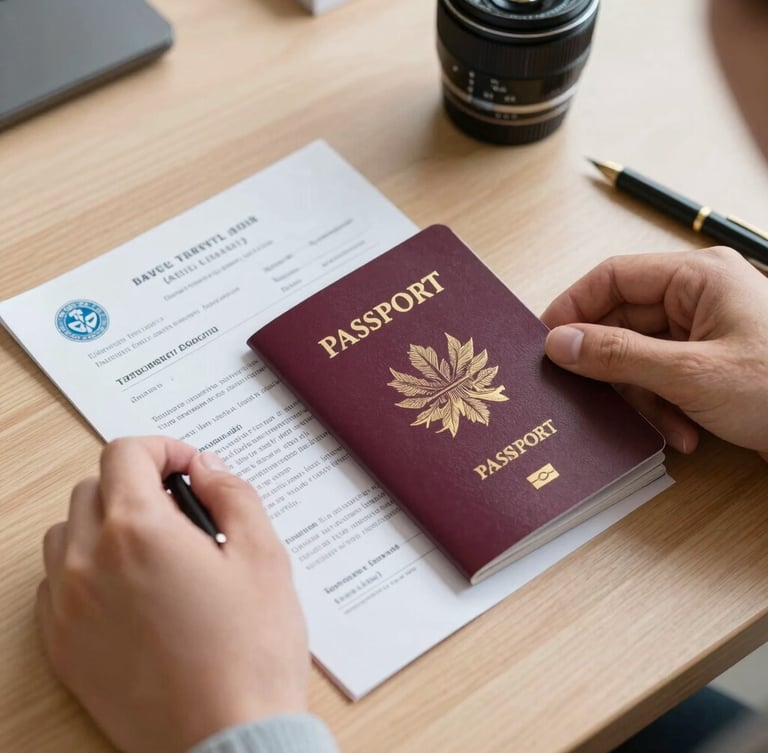 A close-up of hands organizing official travel documents and a passport on a clean wooden desk, bright natural daylight, high clarity.