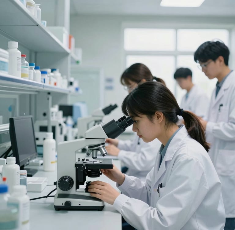 Medium-wide environmental shot of a modern clinical laboratory, medical students in white coats examining a microscope under bright, natural daylight, clean glass and steel background.