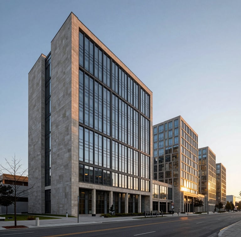 A wide, cinematic shot of a modern, clean embassy district at sunrise, architectural lines of stone and glass, soft golden light reflecting on the facade, expansive sky.