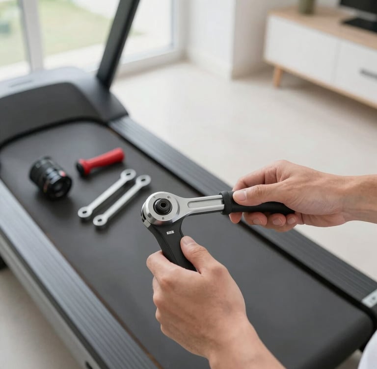 A close-up of hands using a torque wrench to tighten bolts on a modern black home treadmill, organized tools nearby, bright natural indoor daylight, crisp details, 35mm lens