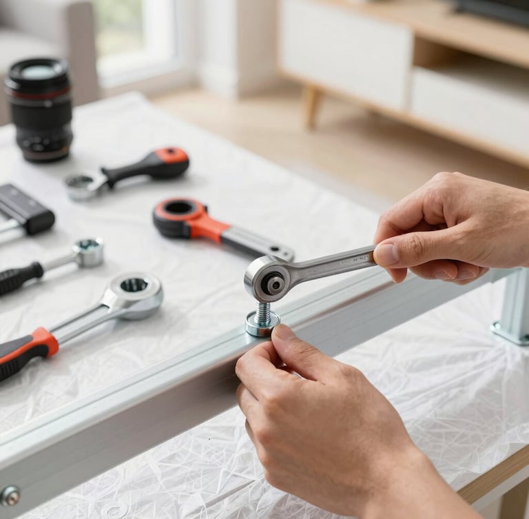 Close-up of hands using a professional torque wrench to tighten a bolt on a clean metal frame, organized tools on a protective work blanket, bright natural daylight