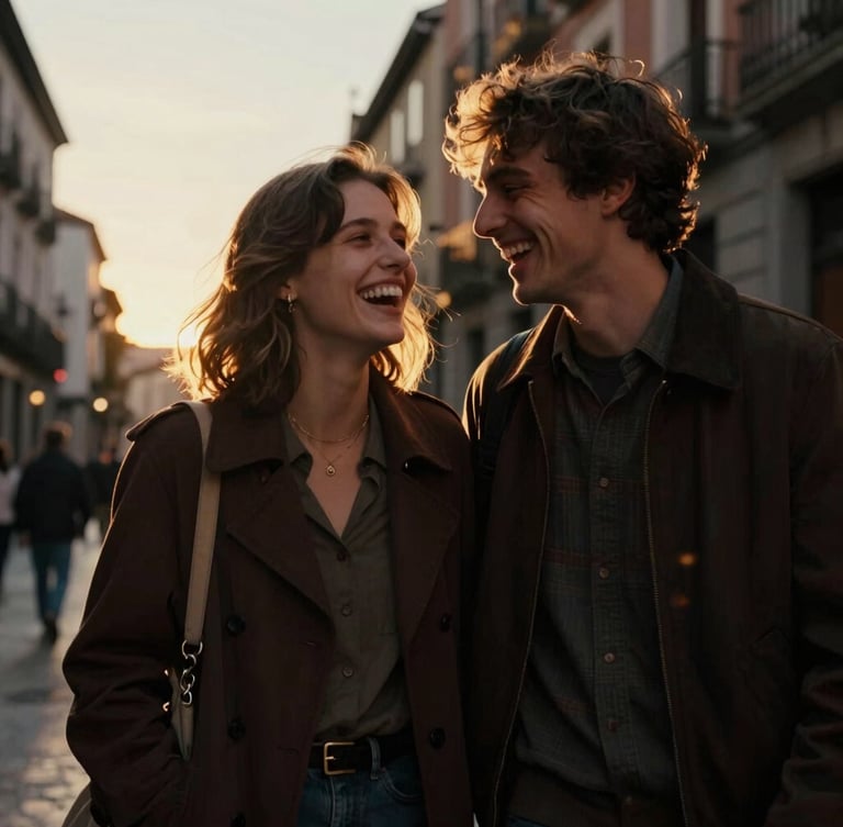 Cinematic film portrait of a young couple laughing in the streets of Madrid during golden hour, low-angle warm sun, high contrast shadows, rich dark tones, shallow depth of field