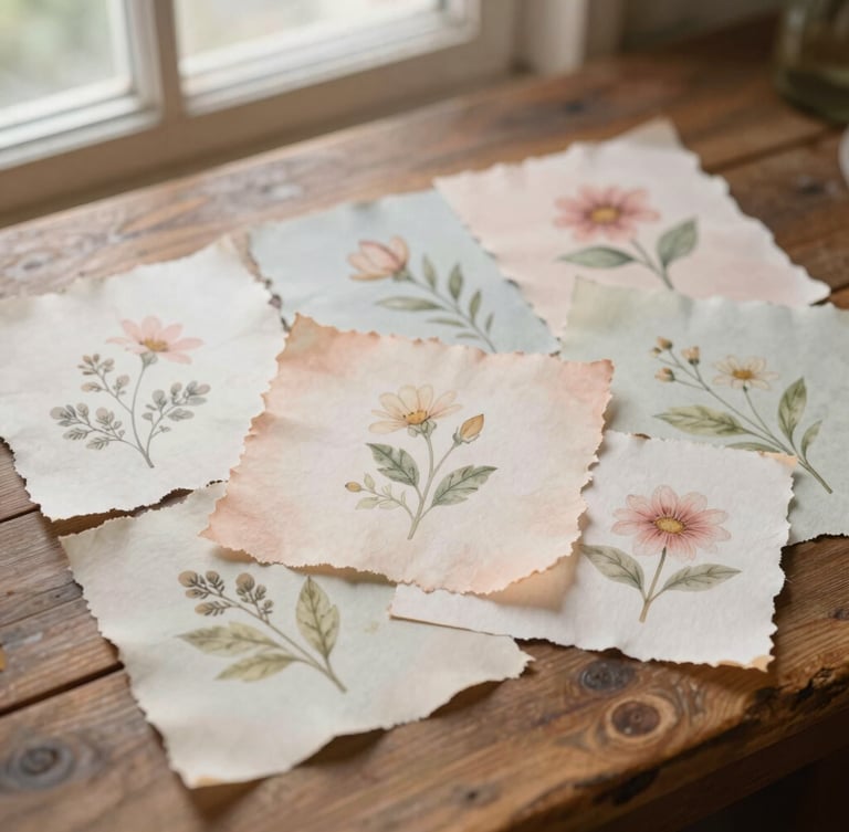 Overhead flatlay of layered tea-stained paper ephemera, delicate botanical illustrations, and torn edges on a rustic wooden desk, soft morning window light, romantic pastel tones