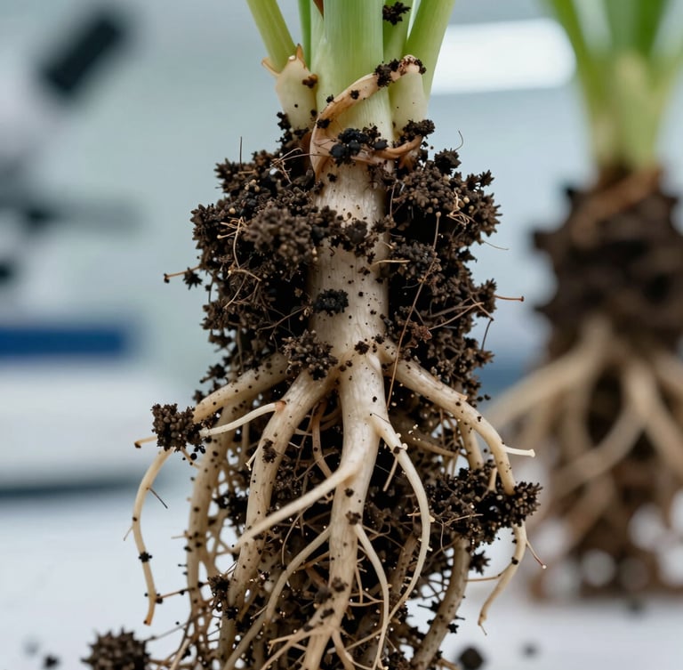 Extreme close-up macro shot of healthy crop root systems with dark soil clinging to the roots, bright clinical laboratory lighting, high contrast.