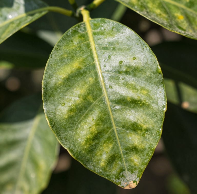 Macro shot of healthy citrus tree leaves showing zero nutrient deficiency, clean waxy cuticle, bright midday sun.