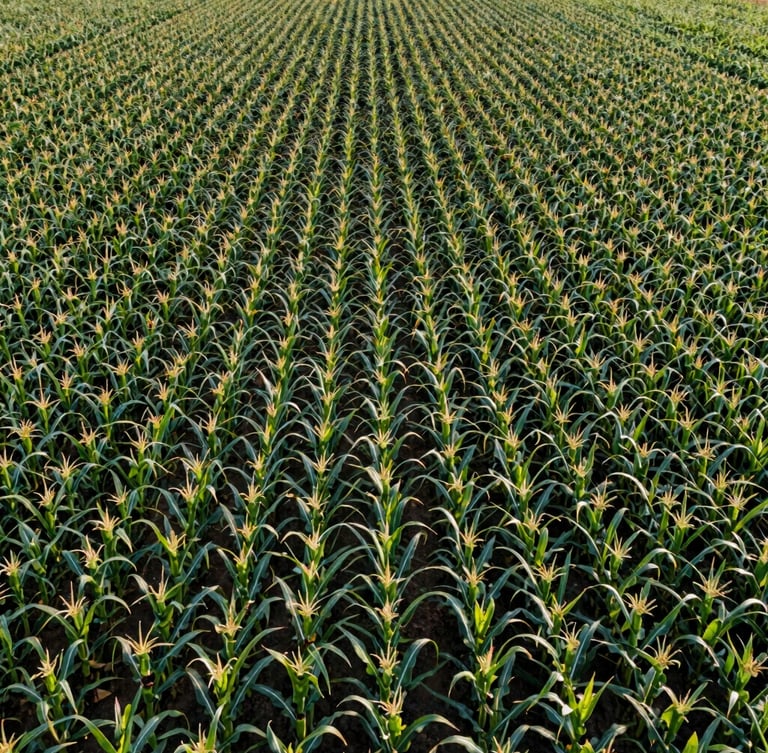 Extreme macro drone-like vertical perspective of a thriving, precision-irrigated commercial corn field at midday, vibrant organized green rows, clinical crop-science layout.
