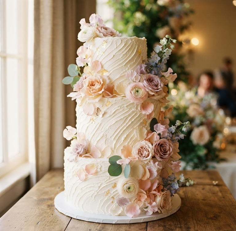 Close-up of a beautifully textured three-tier custom wedding cake with delicate white buttercream ridges, decorated with soft pastel edible petals, warm morning window light, soft shadows, 35mm photography