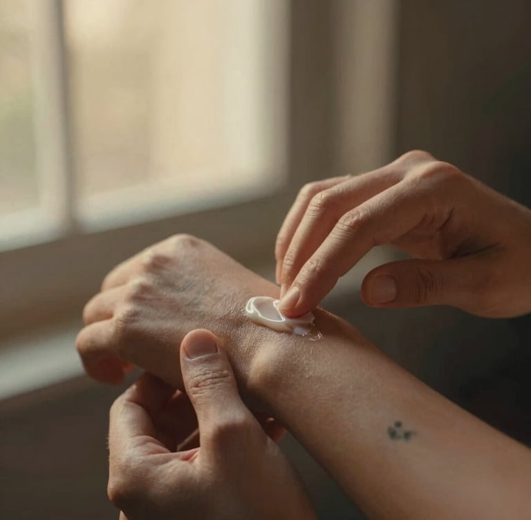 Close-up of hands gently applying a natural, unscented ointment to a freshly tattooed forearm, soft golden-hour window light, shallow depth of field, rich earthy tones, 35mm film.