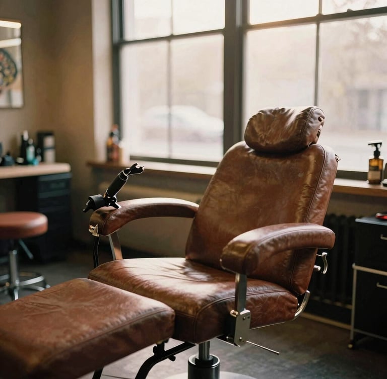 Warm, sunlit interior of a modern tattoo studio, focusing on a clean, comfortable client chair and soft, diffused window light, rich earthy tones, shallow depth of field, 35mm film.