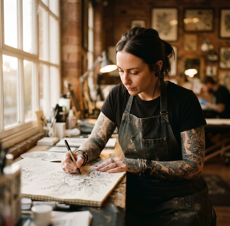 Candid portrait of a lead tattoo artist with intricate tattoos on their arms, focused on sketching a design on paper, soft golden-hour light illuminating their hands and the studio interior, shallow depth of field, 35mm film.