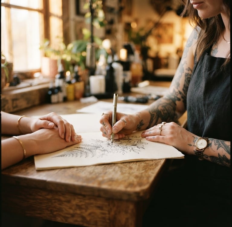 Cinematic portrait of a tattoo artist's hands sketching a custom design on paper, client's hands gently resting nearby, soft golden-hour window light, rich earthy tones, shallow depth of field, 35mm film.
