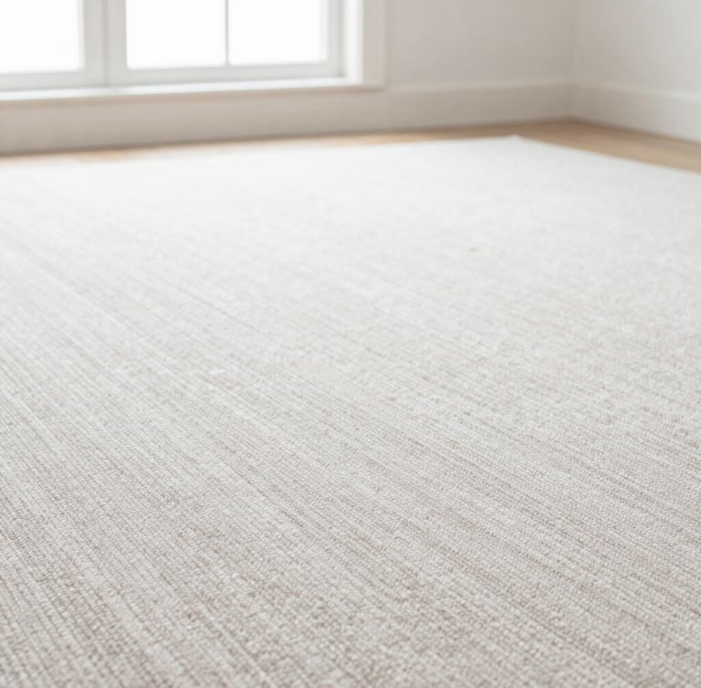 Close-up, low-angle shot of a pristine, light-colored carpet with perfect vacuum lines, natural window light, crisp details, soft neutral tones, high-end residential space, 35mm