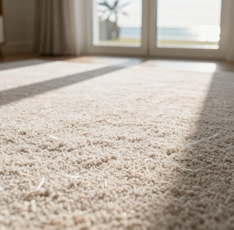 Close‑up of clean carpet fibres lit by sunlight through glass doors.