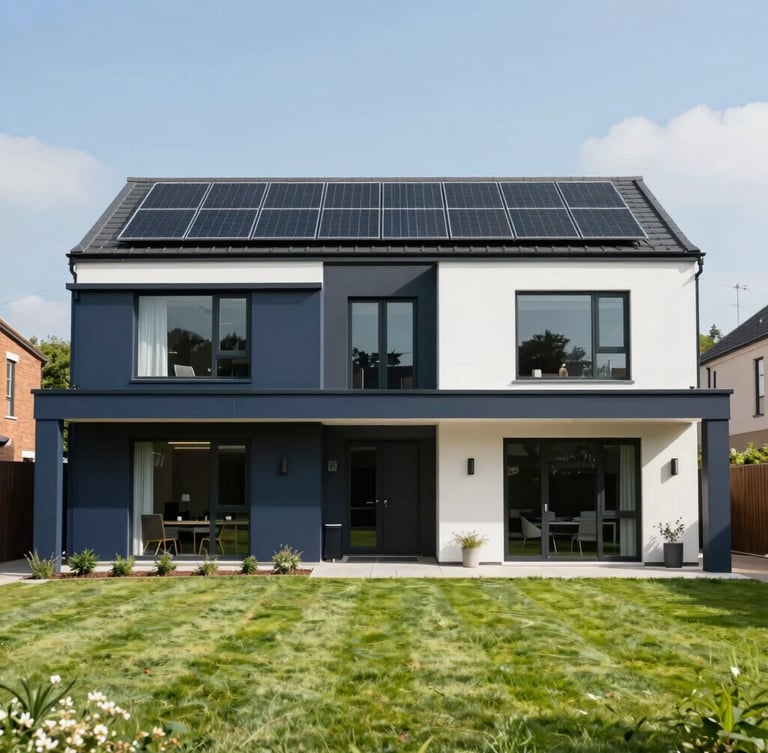 Bright daylight-filled modern UK residential home with sleek black solar panels installed on the roof, clean architectural lines, manicured green lawn, 50mm lens editorial photography