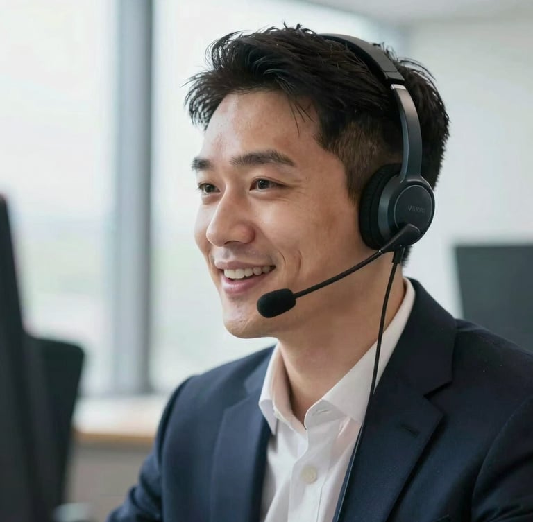 Close-up of a professional UK agent with a modern headset, speaking naturally and smiling, bright natural office daylight, 50mm lens.