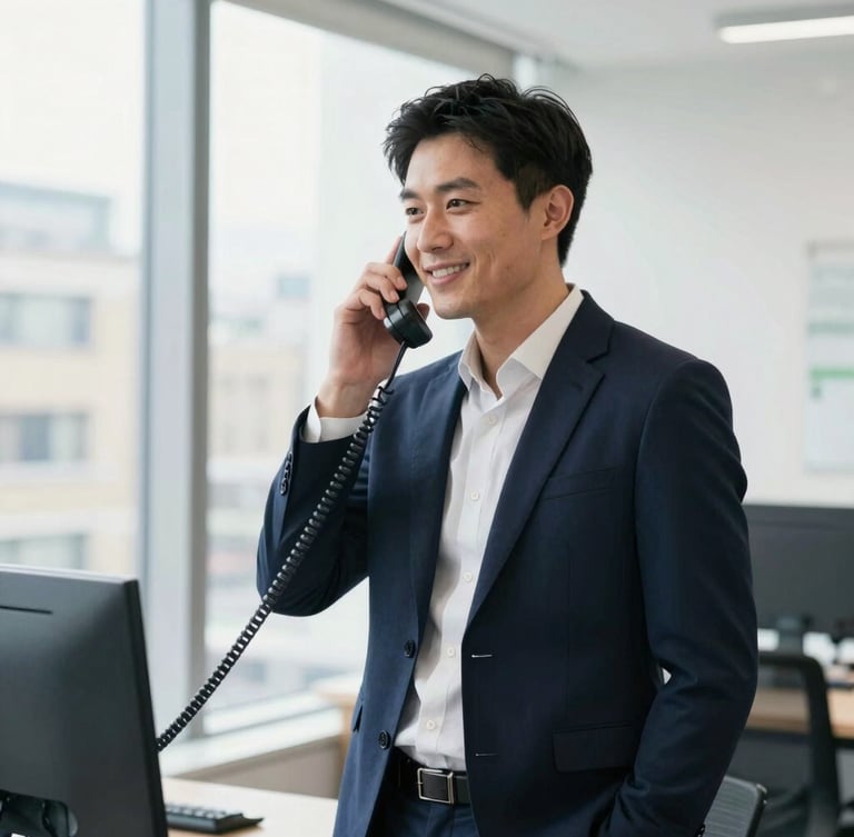 Over-the-shoulder shot of a professional UK broker in a bright London office, holding a phone receiver, smiling naturally, deep navy tones, bright natural daylight, 50mm lens