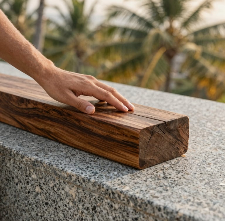 Close-up of premium natural materials, a hand touching a weathered teak wood block placed next to local grey granite stone, soft tropical light.