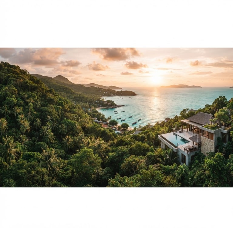 Wide panoramic shot of pristine Koh Samui hillside jungle overlooking the turquoise ocean at golden hour, rich green foliage, negative space on the left, medium format film style.