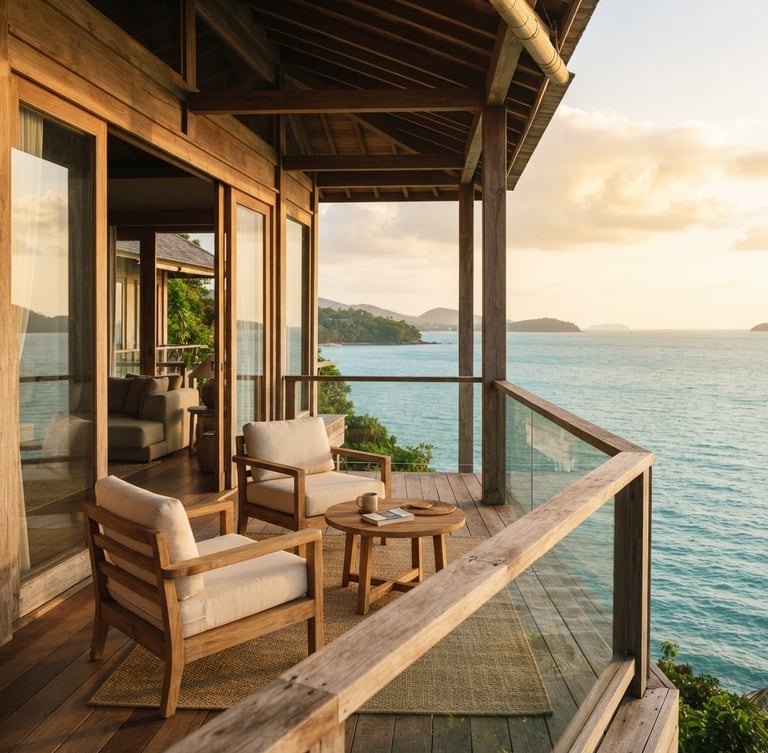 A bright, warm environmental shot of a luxurious teak villa balcony overlooking a calm turquoise ocean at golden hour, minimalist furniture, soft shadows.