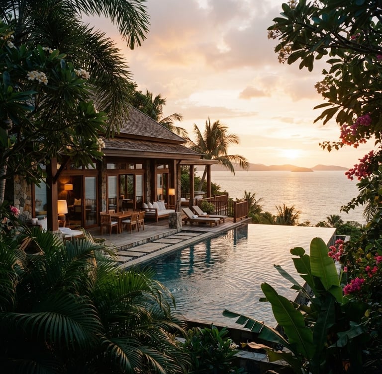 Teak-framed architectural villa with an infinity pool overlooking the Gulf of Thailand at golden hour, lush tropical palms framing the frame, medium format film style.
