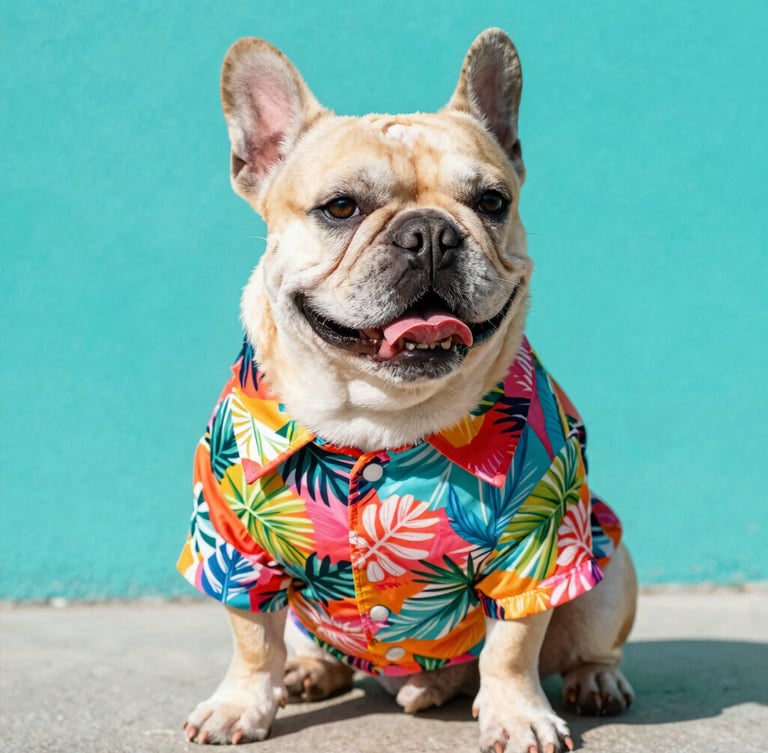 A happy French Bulldog wearing a colorful, custom-tailored tropical print shirt, sitting proudly in bright natural daylight, vibrant teal backdrop, 50mm lens