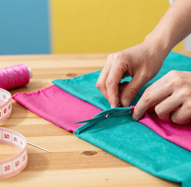Close-up of hands carefully cutting colorful teal and magenta cotton fabric on a wooden table, sewing needles and soft measuring tape nearby, warm daylight.
