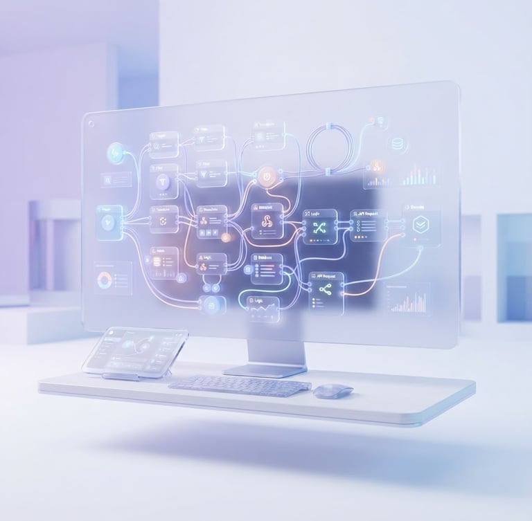 Sleek modern digital workspace, translucent glassmorphic screens showing node-based automation flows, soft lavender and blue gradient light, clean white background, high-end tech aesthetic