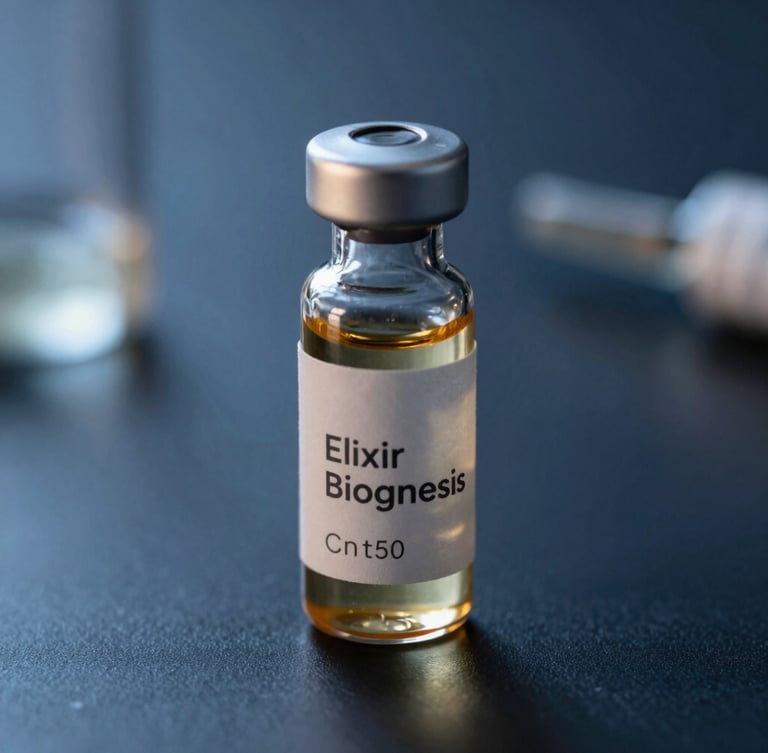 Macro product photography of a sleek glass vial with a minimalist Elixir BioGenesis label on a dark navy clinical surface, cool blue backlighting with warm gold highlights, macro lens, hyper-realistic, 8k