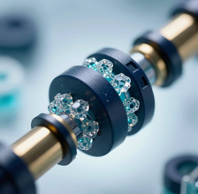 Ultra-close macro photography of crystalline peptide structures inside a high-tech laboratory, clinical cool studio lighting with dramatic cyan and white backlighting, shallow depth of field, 8k