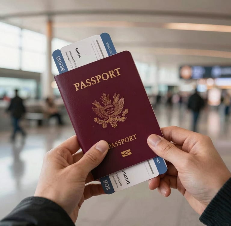 Close-up of a traveler holding a passport with boarding passes, soft warm morning light, airport terminal interior blurred in background