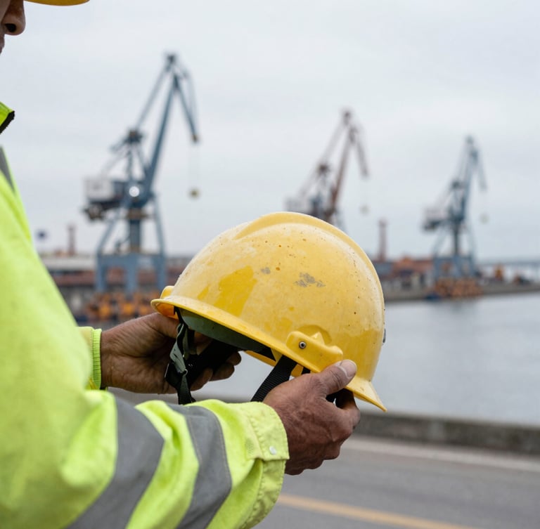 Close-up of a worker's hands in high-vis gear holding a protective helmet, Quequén port cranes blurred in the background, overcast coastal daylight.