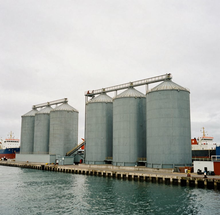 Medium-wide environmental shot of the Quequén port with grain silos and cargo ships under overcast coastal daylight, 35mm film style