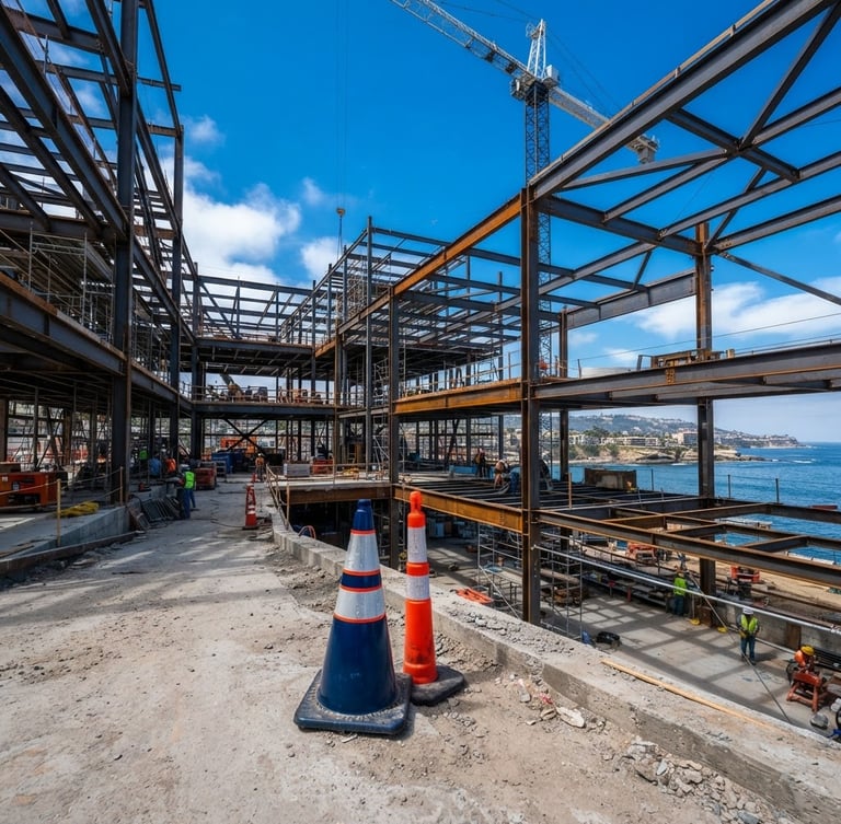 Wide panoramic view of a coastal construction site, structural steel framing against a bright blue sky, clear daylight, high contrast. Focus on the robust framework, with a deep navy and orange safety cone in the foreground.
