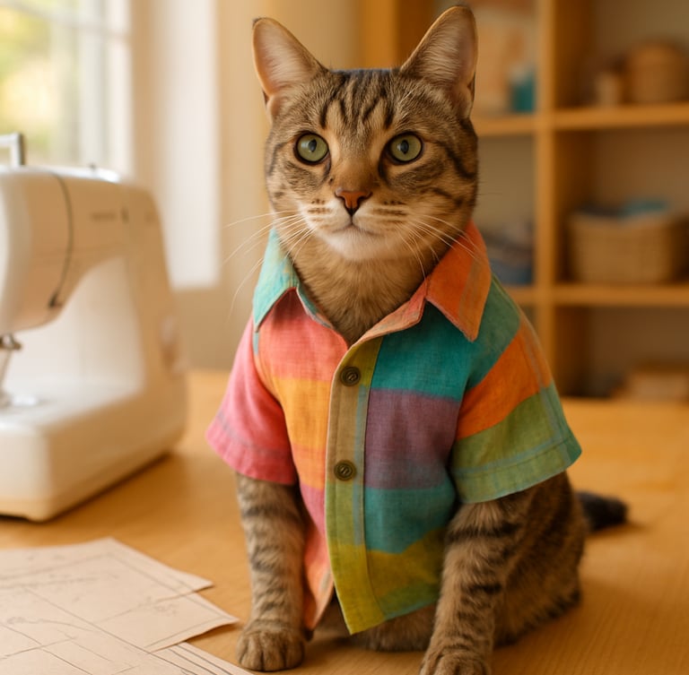 A beautiful domestic cat wearing a custom-fit colorful linen shirt, sitting comfortably next to sewing patterns in a bright Celaya studio