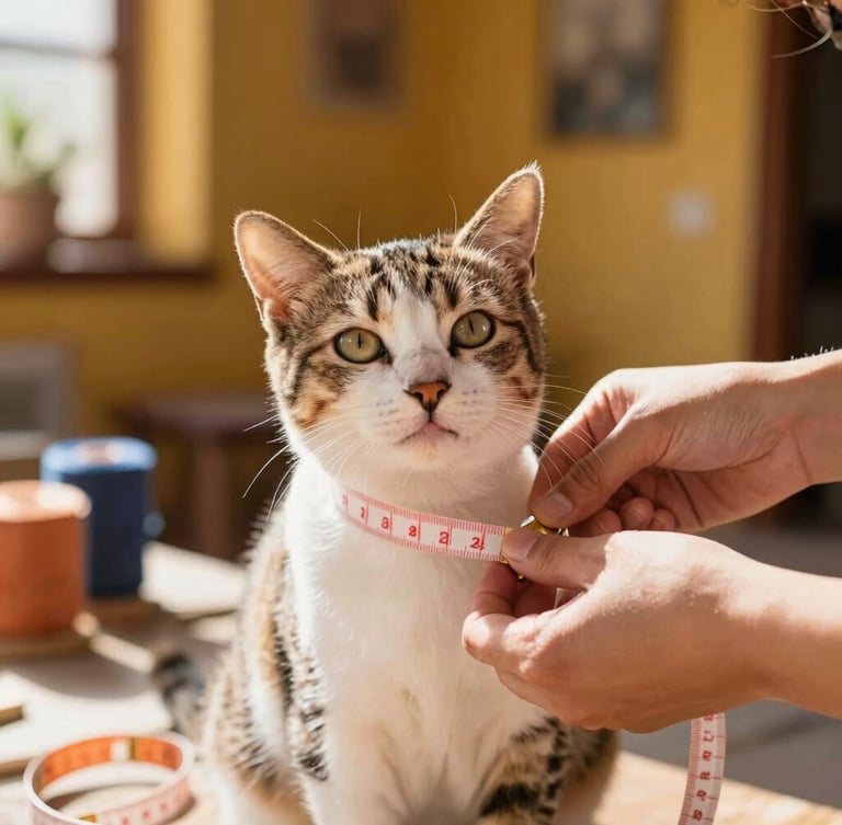 Tailor's hands gently measuring a calm, happy cat with a soft measuring tape in a sunlit Celaya workshop, warm tones.