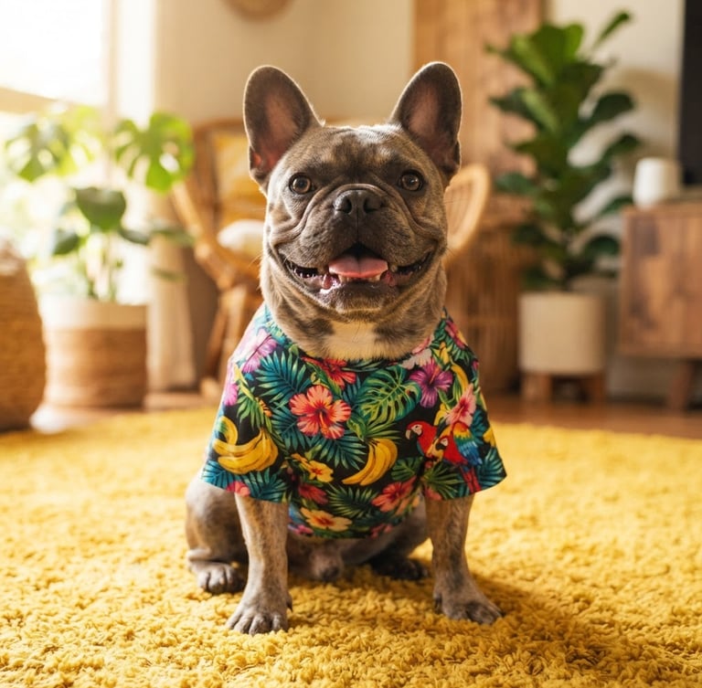 A happy French Bulldog wearing a vibrant, custom-fit tropical print shirt, sitting on a bright yellow rug, warm natural daylight, eye-level pet portraiture.