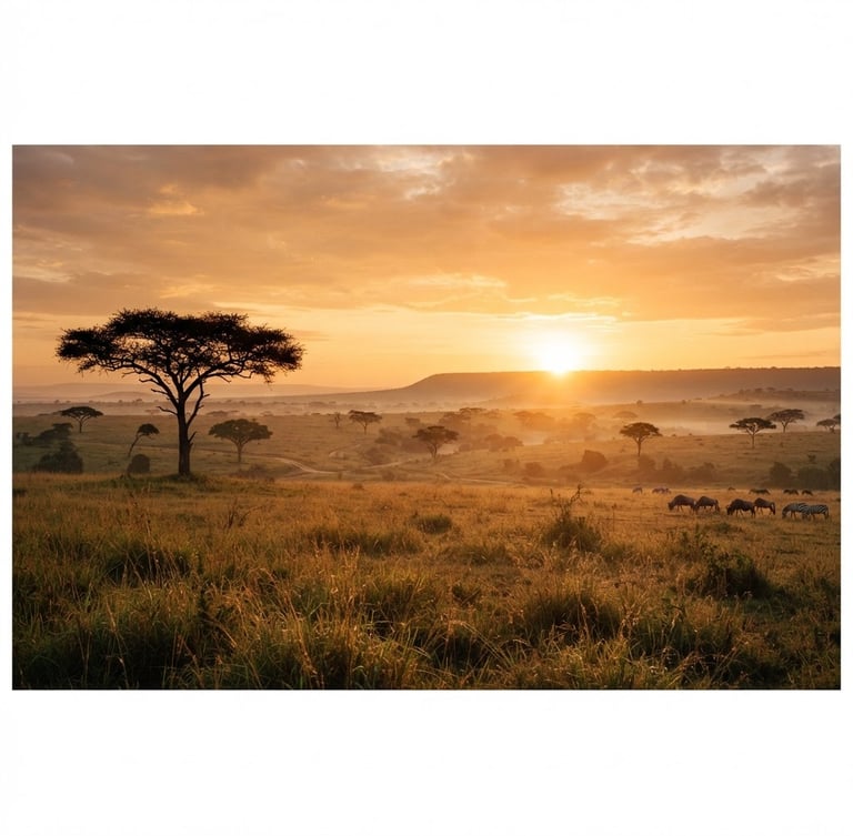 Wide-angle panoramic view of the Maasai Mara savannah at sunrise, flat-topped acacia trees silhouetted against a golden-orange sky, soft morning mist rising.