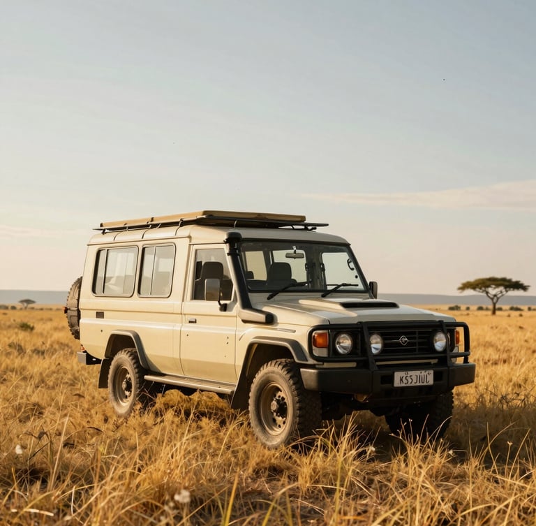 A custom-retrofitted luxury open-sided 4x4 safari vehicle parked in the golden grass of the Maasai Mara, dramatic low-angle sunlight, dust motes in the air.