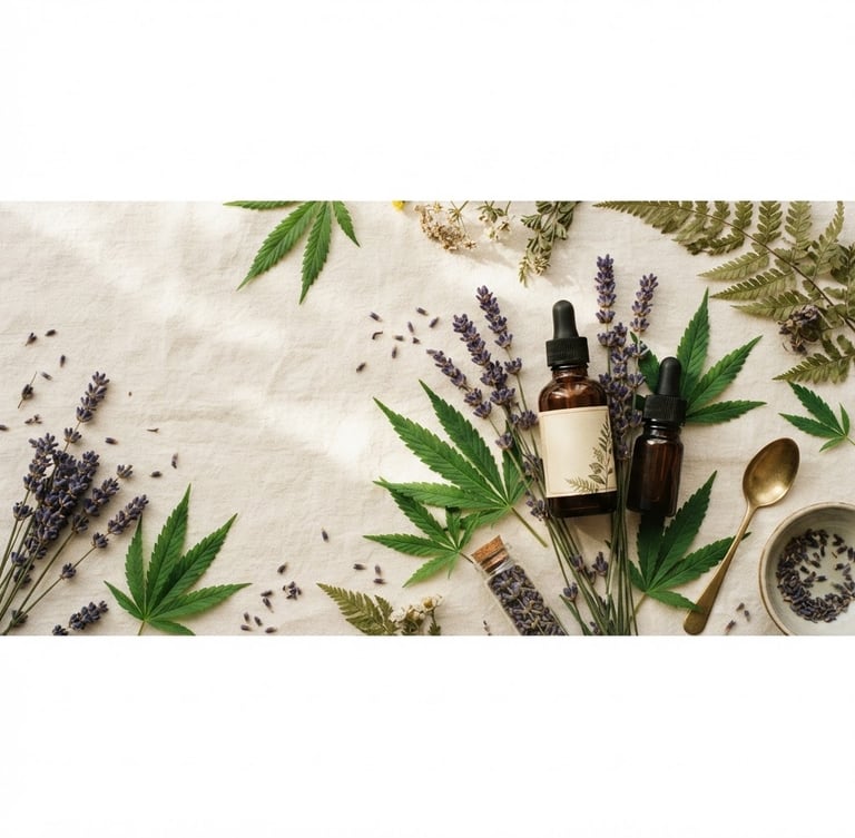 Elegant botanical flat lay with cannabis leaves, amber glass jars of tinctures, and dried lavender, arranged on a cream linen cloth, soft indirect daylight creating gentle shadows, warm editorial photography, shallow depth of field, 35mm, wide panoramic frame with subject on right.