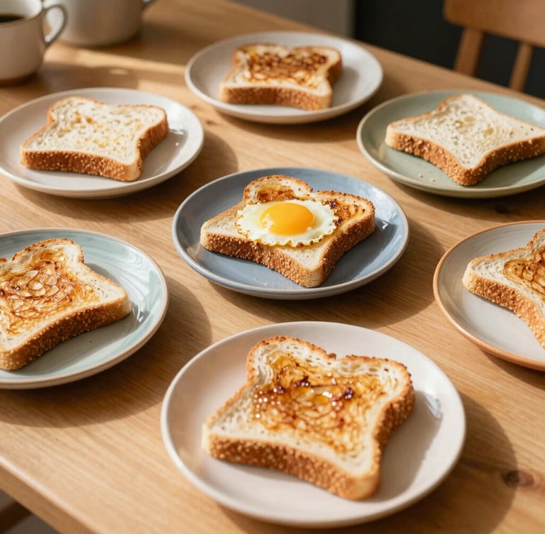 Overhead table spread of a messy breakfast with half-eaten toast on colorful stoneware plates, warm direct morning sunlight casting soft shadows, cozy kitchen interior