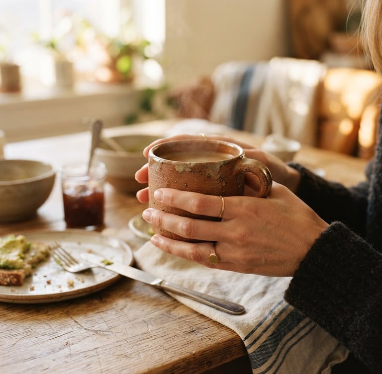 A warm, sun-drenched close-up of a heavy terracotta mug cradled in hands on a messy breakfast wooden table, morning sunlight casting soft shadows, 35mm