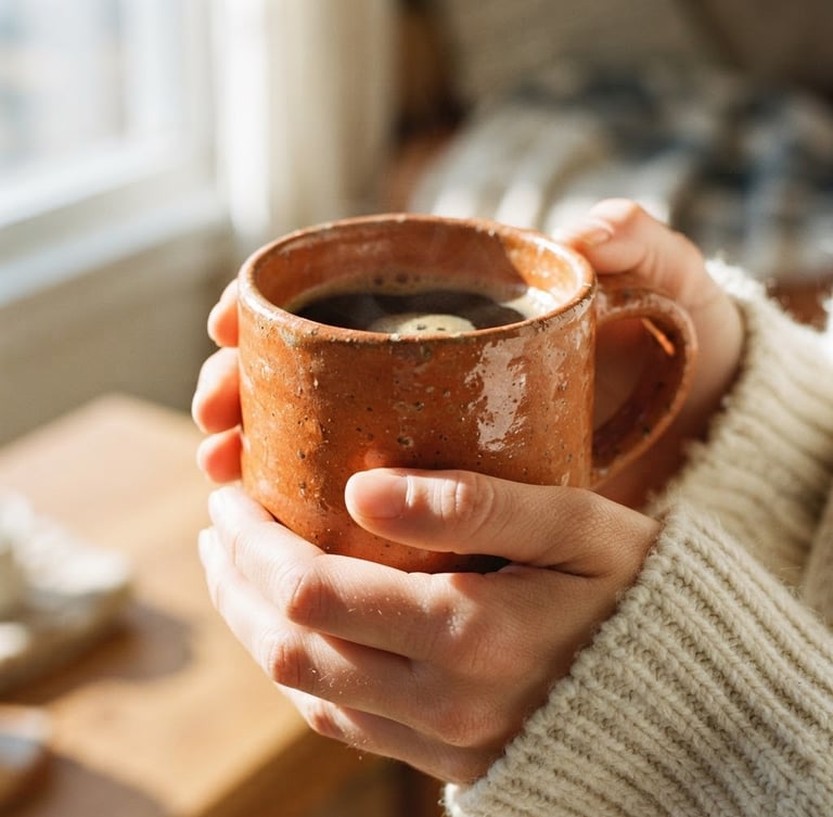 Tight macro shot of a heavy, warm terracotta-glazed ceramic mug cradled in hands, direct bright morning sunlight casting soft shadows, 35mm photography
