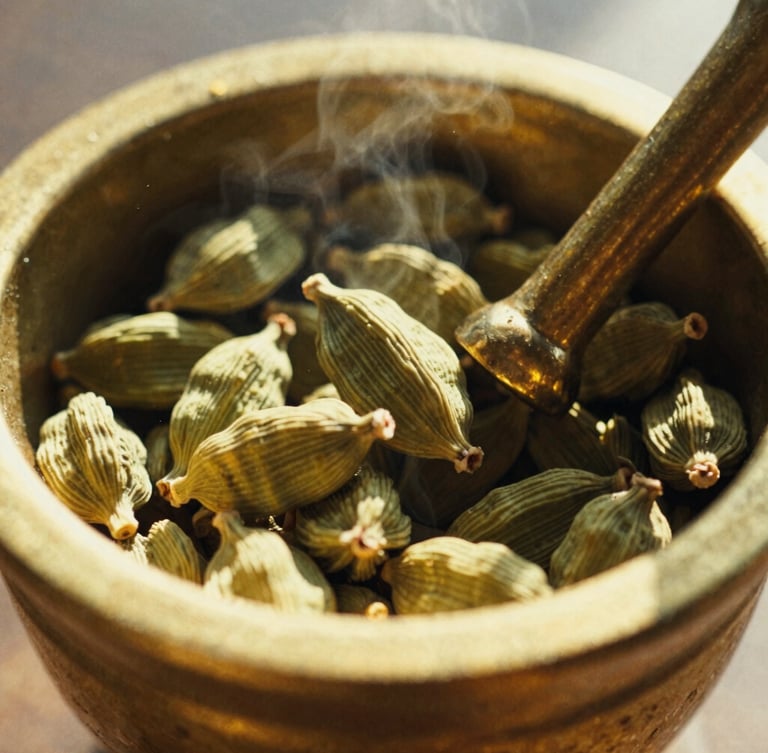 Macro shot of fresh green cardamom pods being crushed in a brass mortar, golden hour sunlight highlighting volatile oils misting, 35mm film
