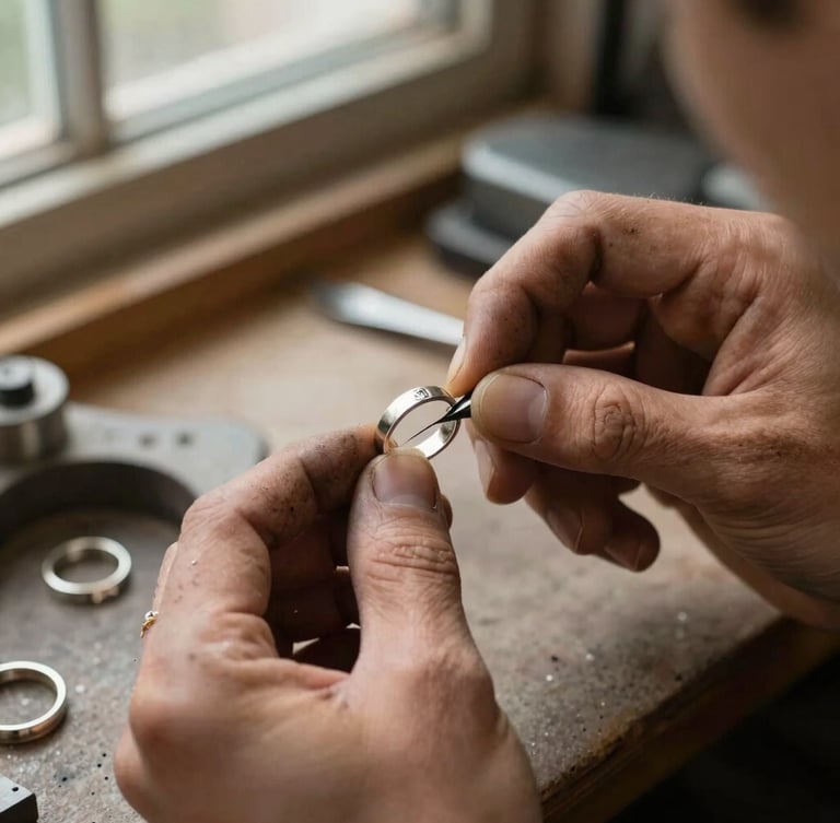Close-up of a jeweler's soot-stained hands carefully filing a delicate silver ring mold under warm window light