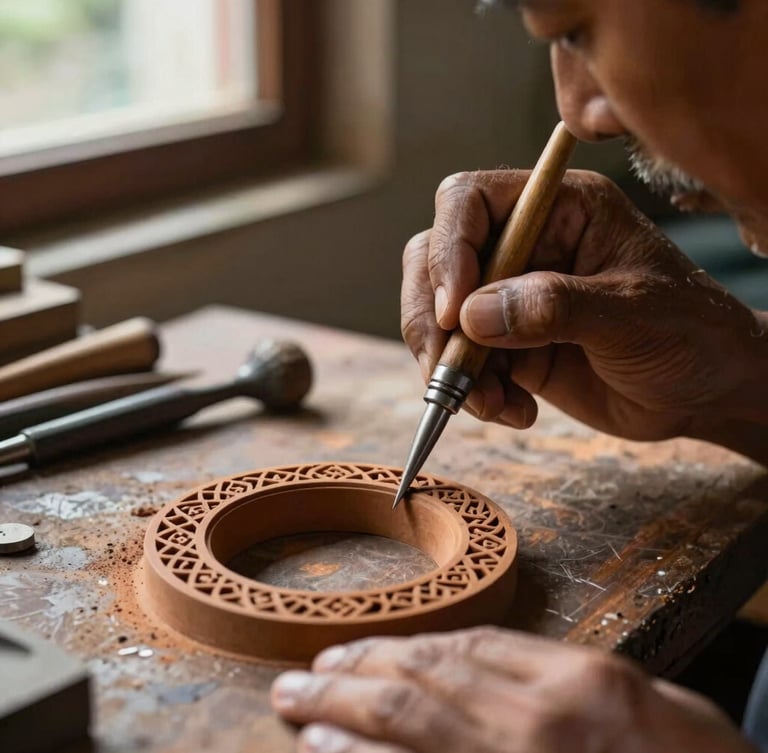 Macro close-up of a master Balinese artisan carving an intricate wax ring mold under warm window side-light, graphite tools resting nearby.